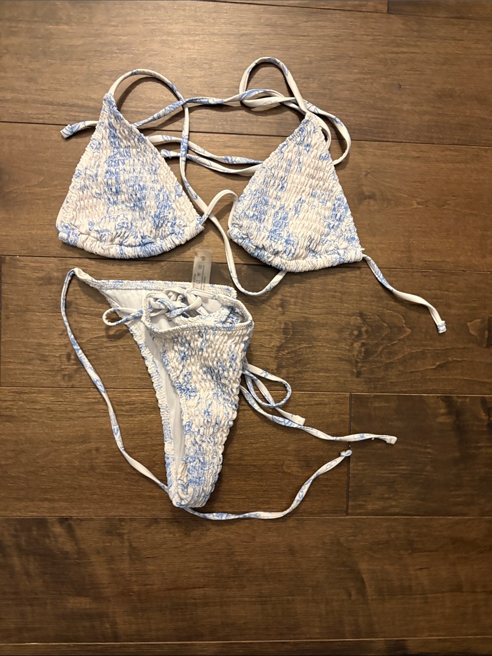 Smocked Blue and White String Bikini Set